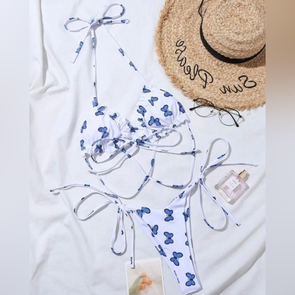 White And Blue Butterfly Print Tie Halter Bikini Size Large Brand New - Picture 2 of 5